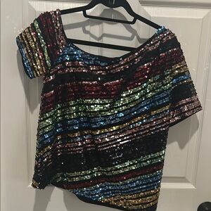 SHEIN Blue and Red Sequin Asymmetrical Blouse